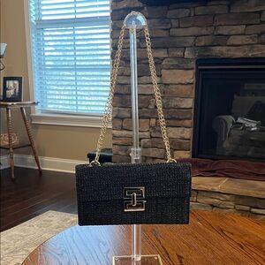 Straw Clutch Purse with Gold Chain and Black Woven Design with Gold Hardware